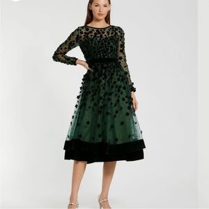 Mac Duggal Dark Green Flocked Floral 3-D Velvet Long Sleeve Flare Sheer Dress